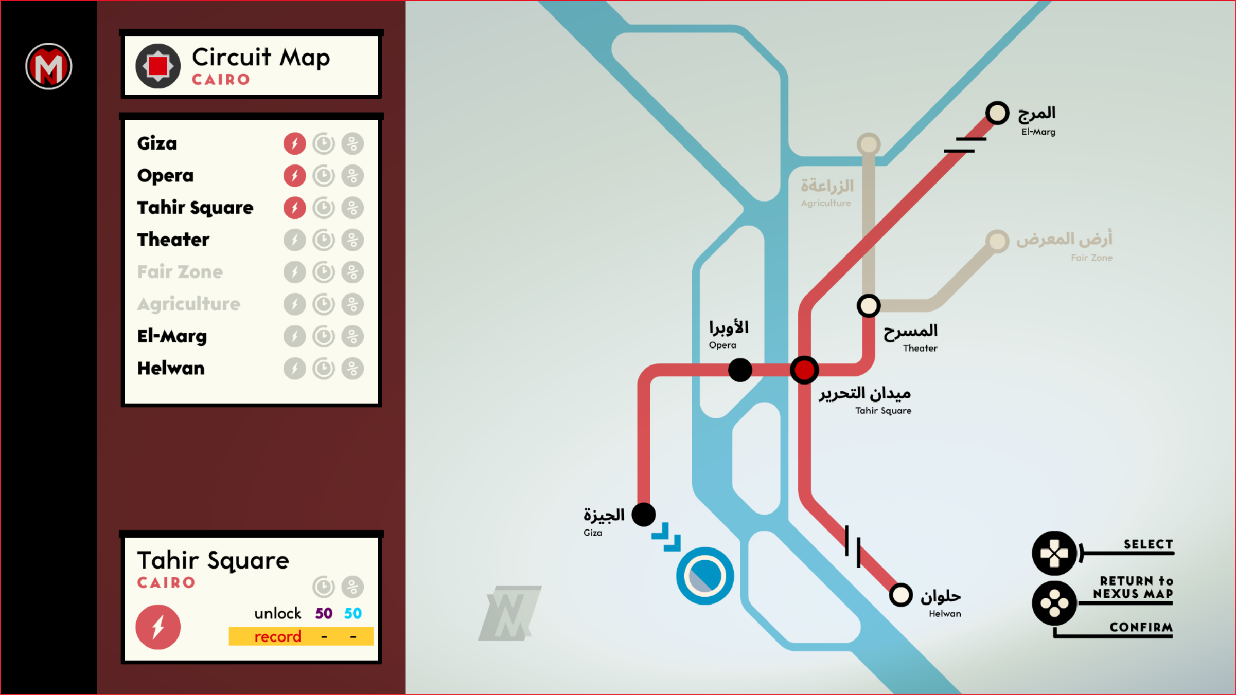 A screenshot of Metro Nexus, showing the subway style overworld map for Cairo.