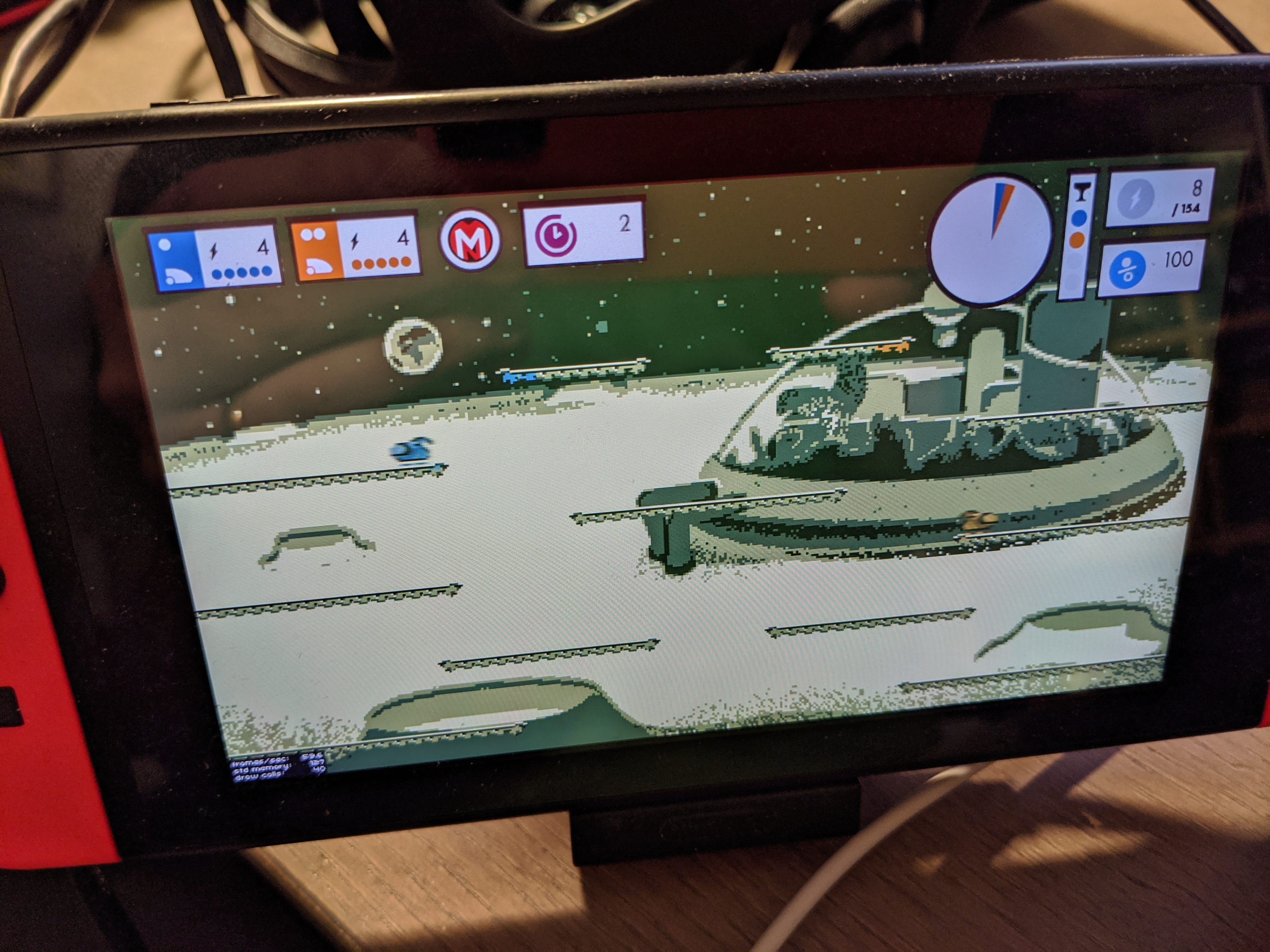 A photo of Metro Nexus running on a Nintendo Switch, showing the multiplayer battle mode.