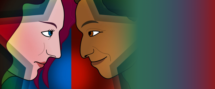 An illustrated image of Dale and Felix facing each other in profile, in the style of the "Captain America: Civil War" movie poster.