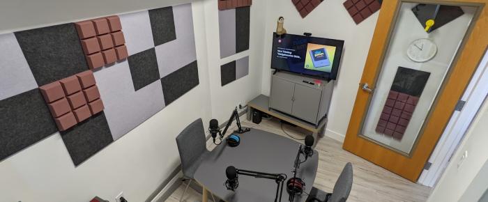 A photo of the Clubhouse podcast recording studio space.
