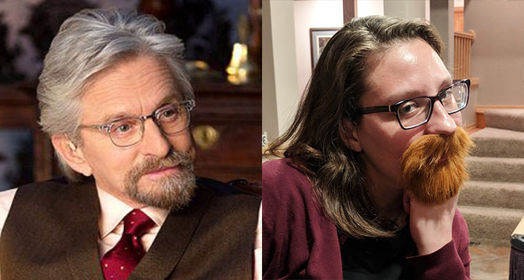 A side-by-side set of photos of Micheal Douglas in Ant-Man, and Dale wearing a fake beard