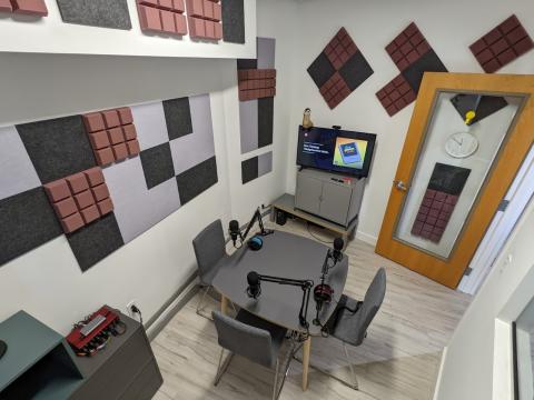 A photo of the Clubhouse podcast recording studio space.